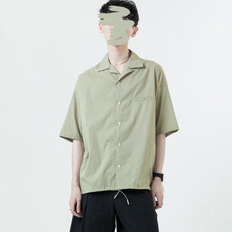 Drawstring Cuban collar shirt / green / - Men's Shirts - Polyester Green