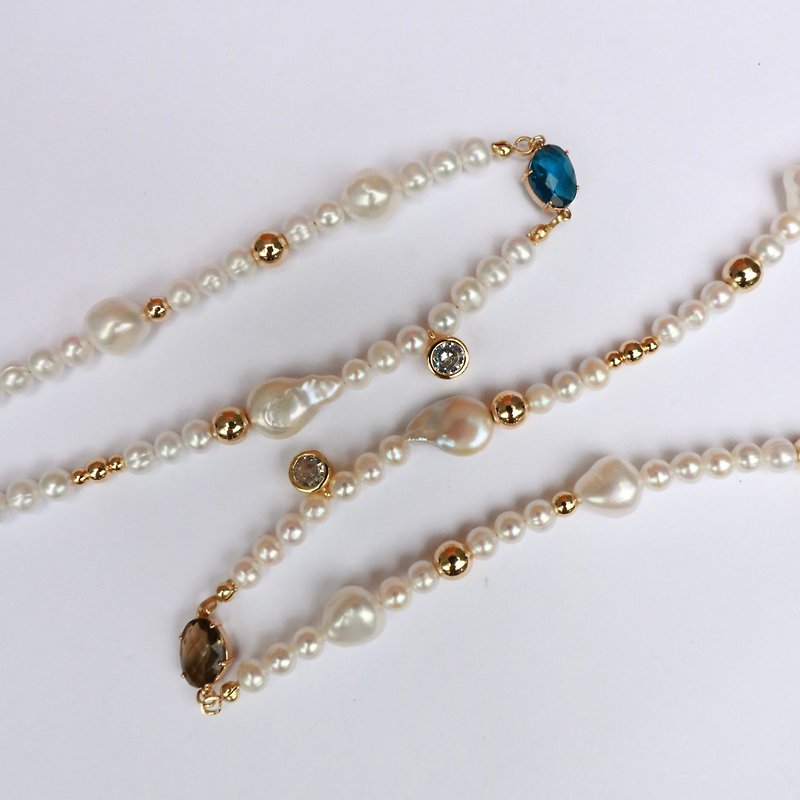 【Handcrafted Design】Nobleize・Regal Diamond Natural Pearl Necklace (Brown - Necklaces - Pearl Gold