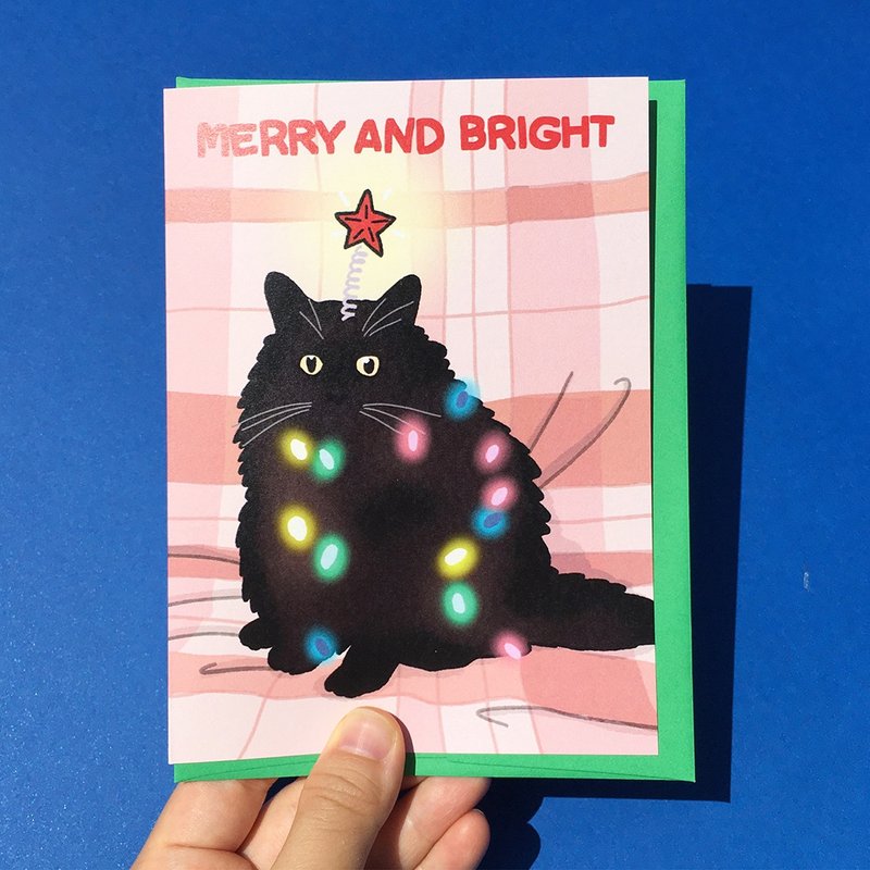 Greeting Card - Merry and Bright Funny Black Cat Christmas New Year Card - Cards & Postcards - Paper 