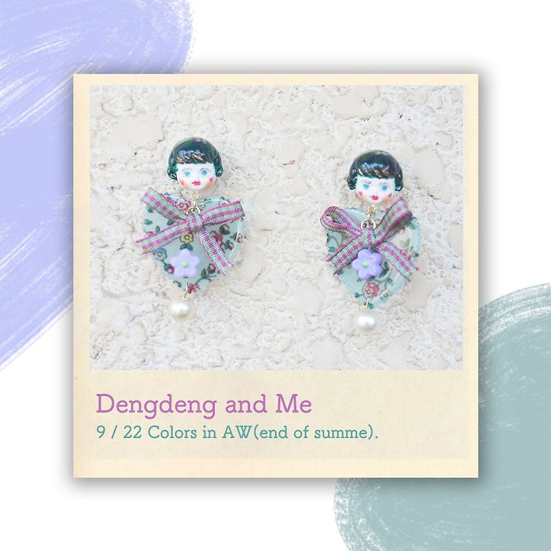 Hand-made resin clay retro bow hit color cute doll earrings - Earrings & Clip-ons - Resin Green