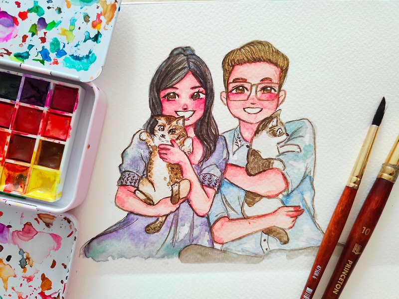 6R size watercolor color cartoon portrait portrait with pets family portrait