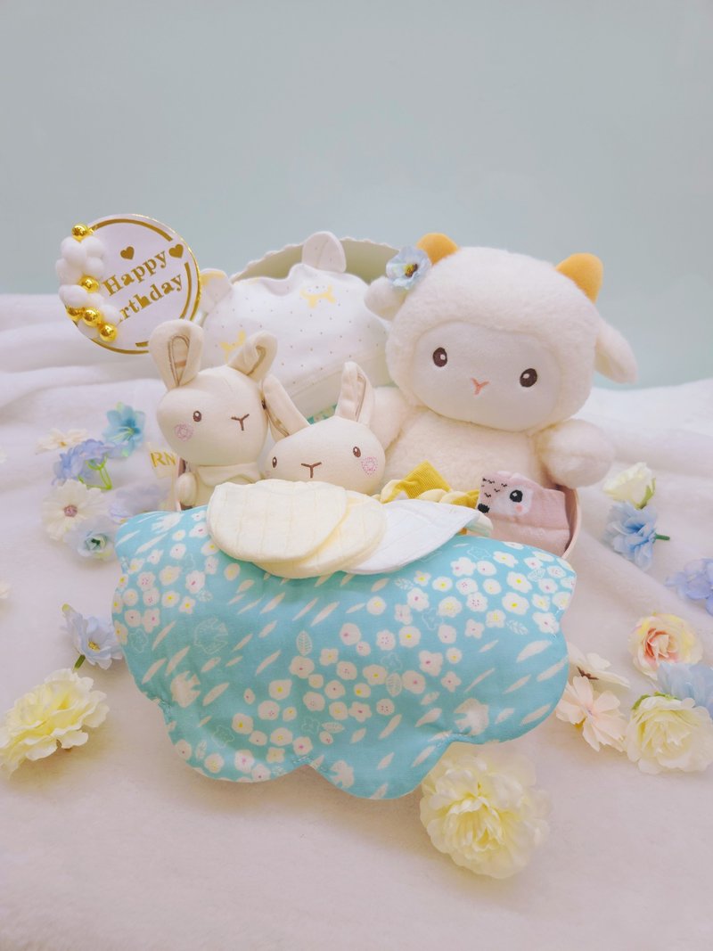 湖水藍小花搖籃滿月禮/彌月禮盒/生日/新生兒/送禮/口水巾 - 圍兜/口水巾 - 棉．麻 