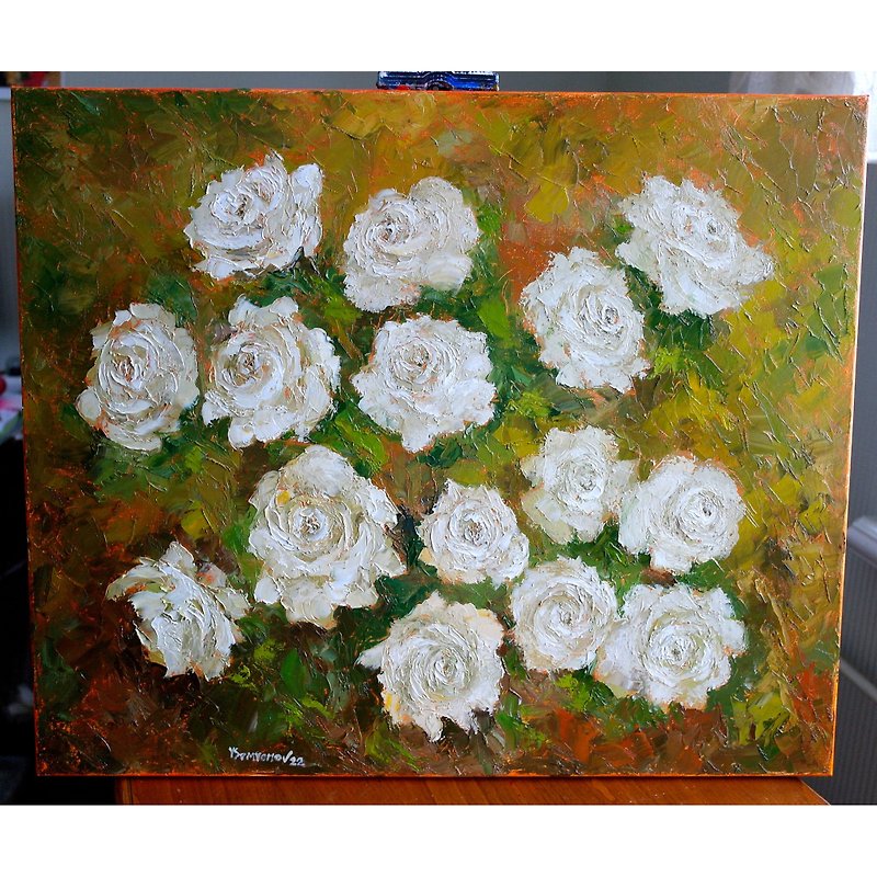 Roses Flowers Original Art Oil Painting Wall Decor White Wild Roses - 海報/掛畫/掛布 - 其他材質 卡其色