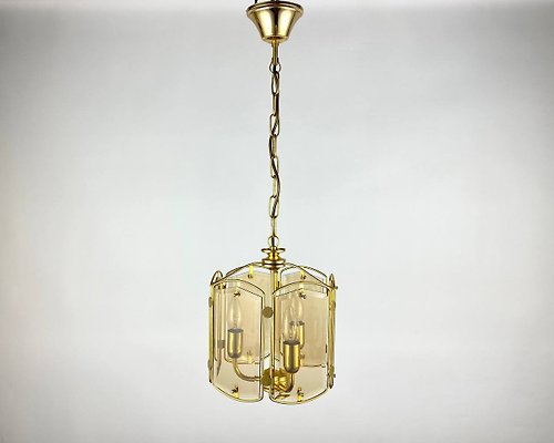 HappyDuckVintage 復古燈籠切割煙熏玻璃和拋光鍍金黃銅|六面燈籠
