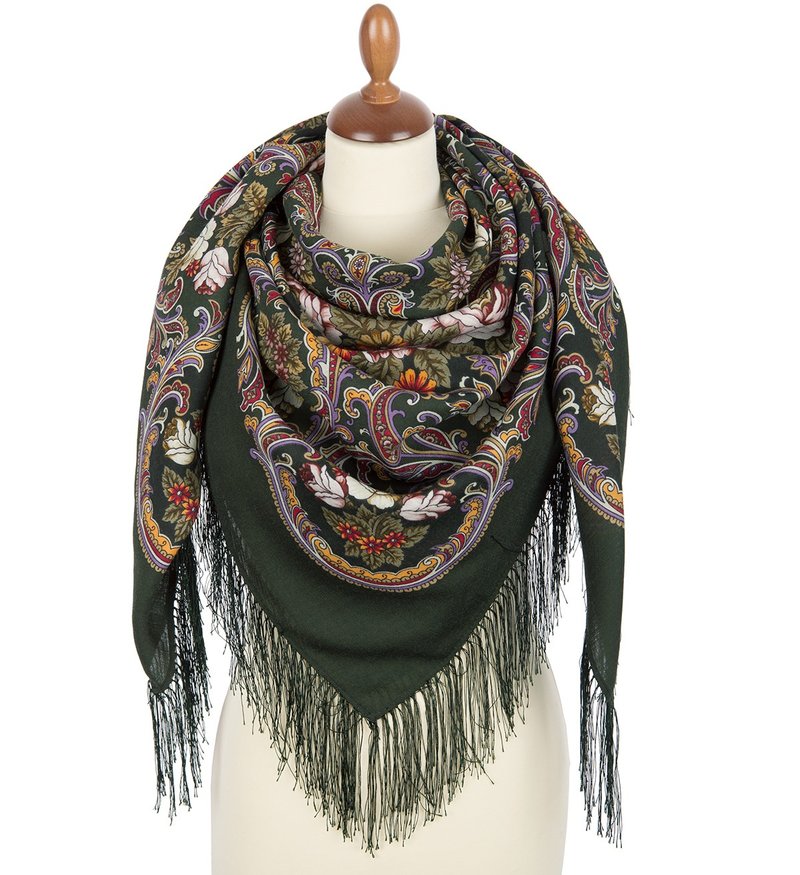 Pavlovo Posad Russian Shawl 100% Wool Scarf 125x125 cm Wrap Silk Fringe 1827-10 - 絲巾 - 羊毛 多色