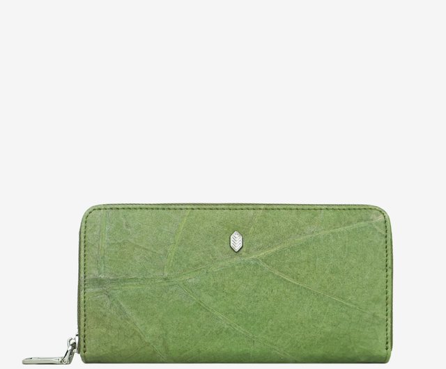 ヴィーガンレザー長財布 オリーブグリーン リーフ柄ジップウォレット
