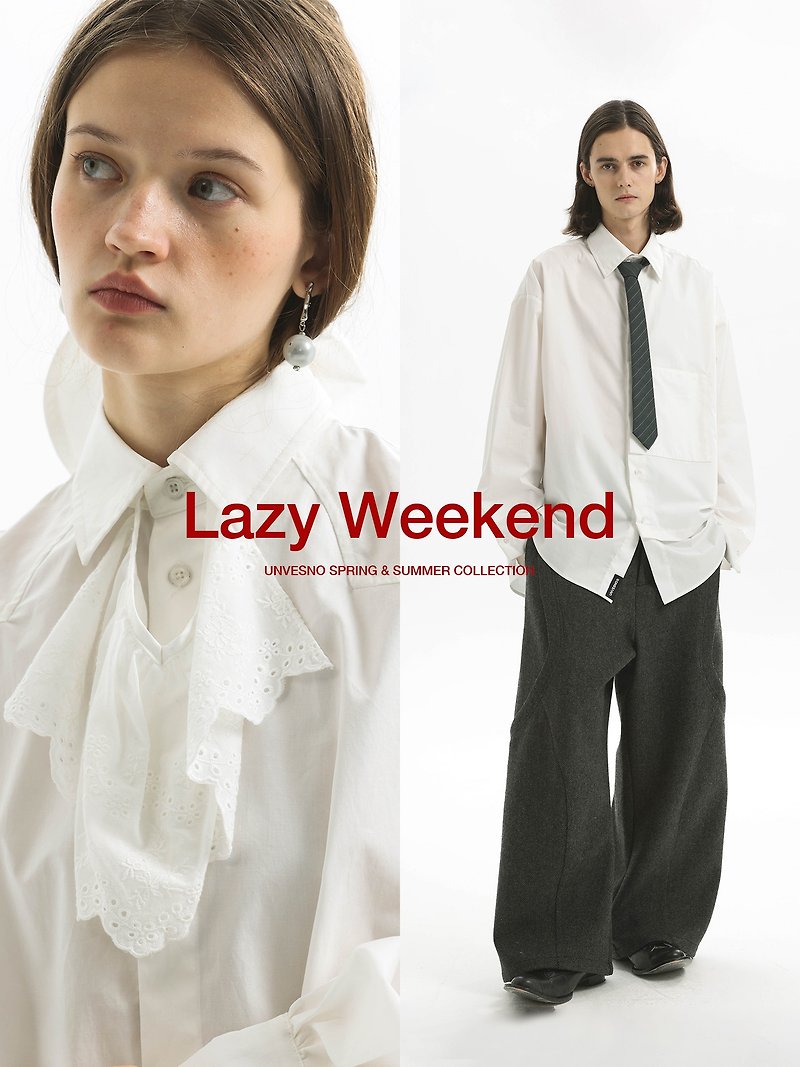 Unvesno (UN) Old Money Style Structured Tie Casual Shirt with Micro Lantern Sleeve Lace Collar Women's Shirt - เสื้อเชิ้ตผู้หญิง - ผ้าฝ้าย/ผ้าลินิน 