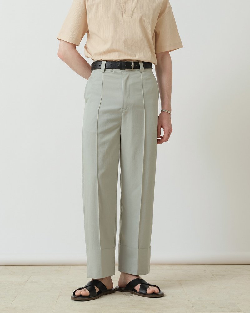 GRAINMUSTARD Simple slim-fit trousers with stitching fit wide welt minimalist neutral suspender trousers - กางเกงขายาว - วัสดุอื่นๆ สีเขียว