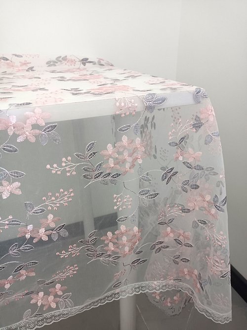 lemonccc 網紗繡花灰粉色花朵桌布桌巾桌墊