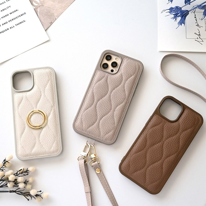 iPhone限定 カラー リアケース 【 キルティング ウェーブ 】 iPhone スマホケース スマホショルダー くすみカラー キルト プレゼント JA12A - 手機殼/手機套 - 真皮 咖啡色