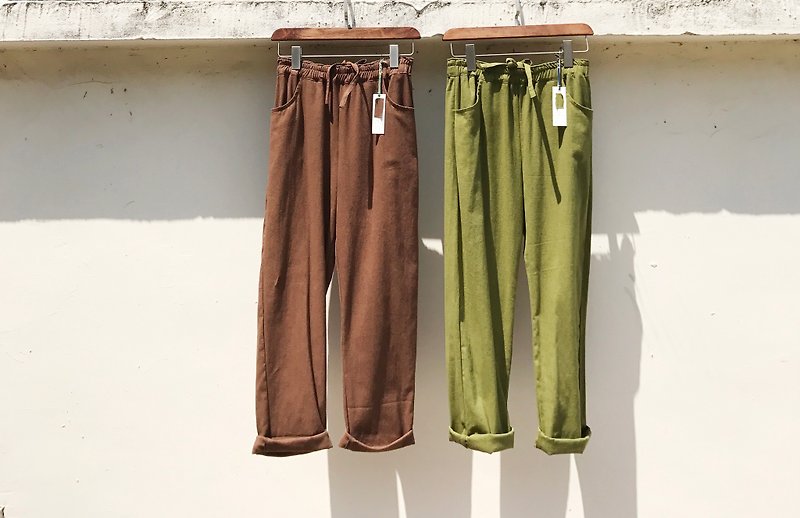 RH clothes / cotton and linen casual pants / mustard yellow-green for Zoe only - Women's Pants - Cotton & Hemp Brown