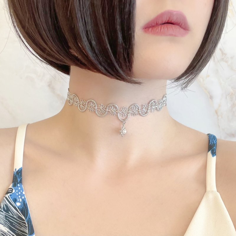 Silver / Planet Goddess / Star and Pearl Silver Braid Choker SV078S - สร้อยติดคอ - เส้นใยสังเคราะห์ สีเงิน