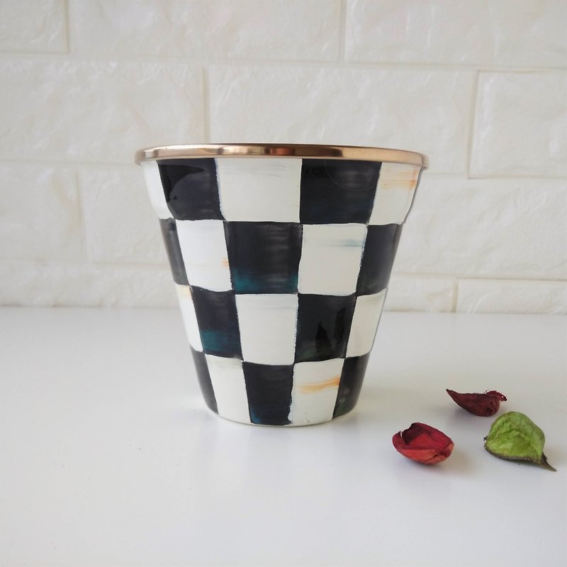 Black and white plaid painted 珐琅 sundae cup | snack bowl - Bowls - Enamel Black