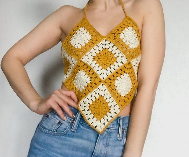 Granny square summer top Cotton knit halter top Orange - Shop BerezkaFamilyStore Women's Tops - Pinkoi