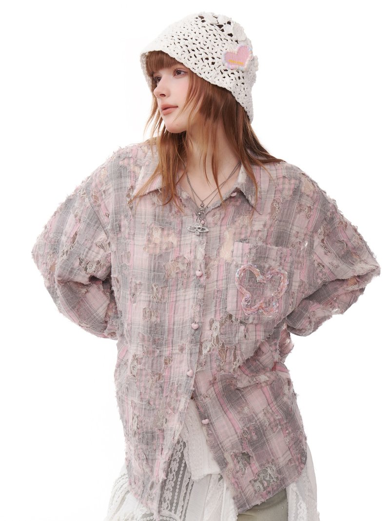 ziziFei autumn and winter American style design tops woven butterfly broken pink and gray plaid long-sleeved shirt for women - Women's Shirts - Other Materials Pink