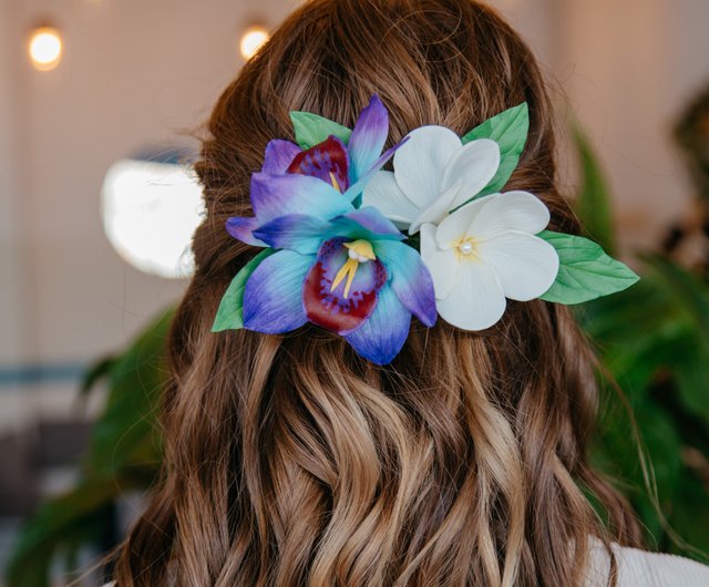 Purple orchid hair comb plumeria tropical headpiece flower hair