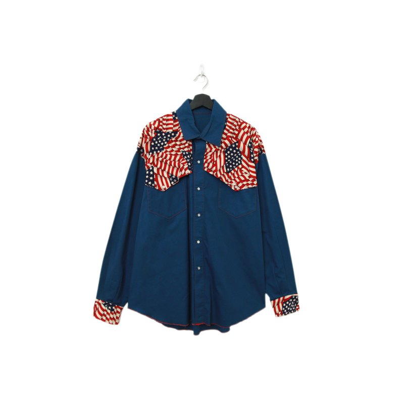Back to Green-長袖襯衫 深藍美國國旗 T-02//vintage shirt - 女襯衫 - 棉．麻 