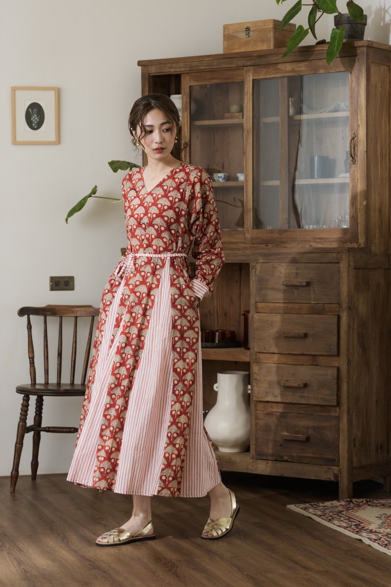 長袖直條花花拼接洋裝_紅橘 - 洋裝/連身裙 - 棉．麻 紅色