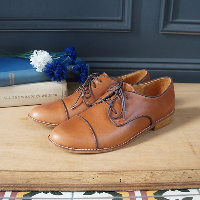GT full leather piping oxford shoes - brown - รองเท้าอ็อกฟอร์ดผู้หญิง - หนังแท้ สีนำ้ตาล