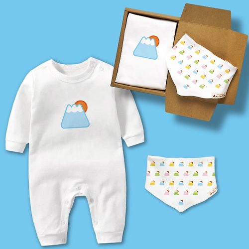 孩子陪你趣味童裝製造所 QQ富士山 長袖連身衣 三角巾 口水巾 禮盒 嬰兒 寶寶 滿月 禮物