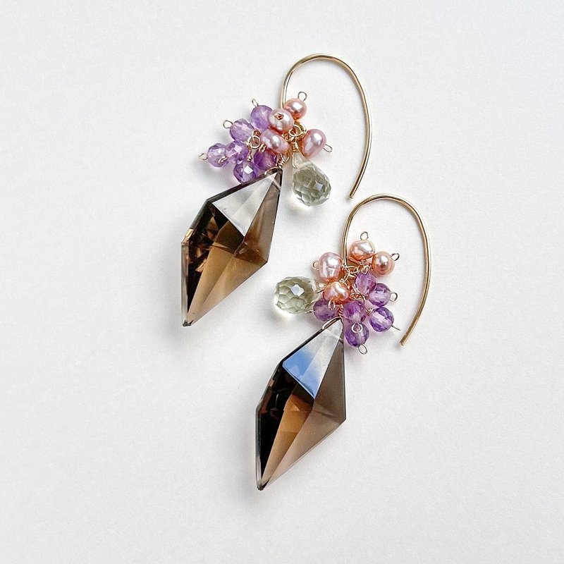 Smoky quartz sparkling autumn earrings　14KGF - ต่างหู - เครื่องประดับพลอย 