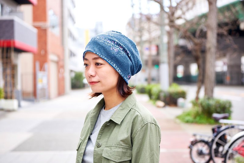 日本製 オーガニックコットン 帽子  ターバン ヘアバンド - 帽子 - コットン・麻 ブルー