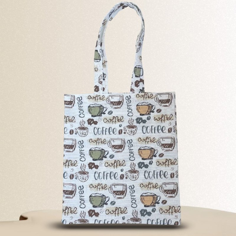 Strong reusable White tote bag, cotton canvas bag with a cup of coffee - กระเป๋าถือ - ผ้าฝ้าย/ผ้าลินิน ขาว