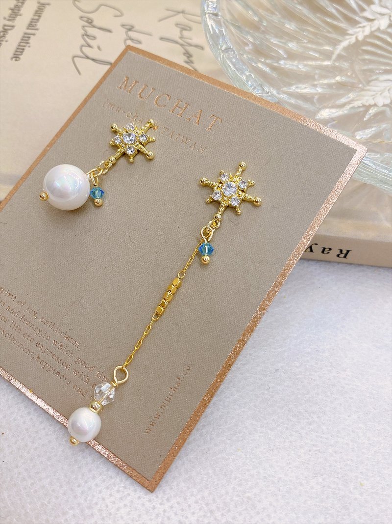 A meteor shower. MUCHAT handmade 14KGP asymmetric snowflake pearl sterling silver needle earrings - ต่างหู - โลหะ สีทอง