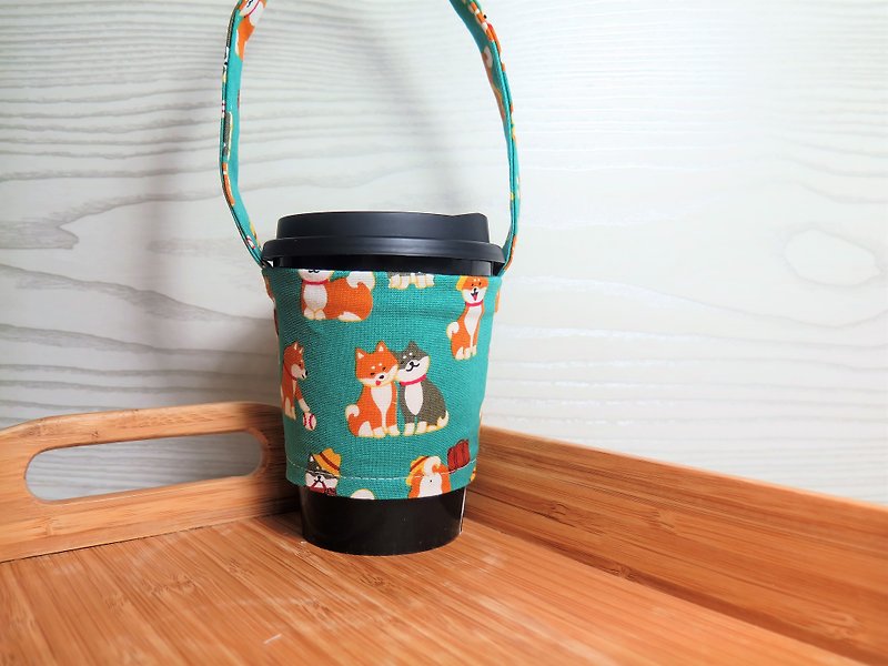 Little couple Shiba Inu (green) / green drink cup set. Bag. New policy for plastic limit policy - Beverage Holders & Bags - Cotton & Hemp Green