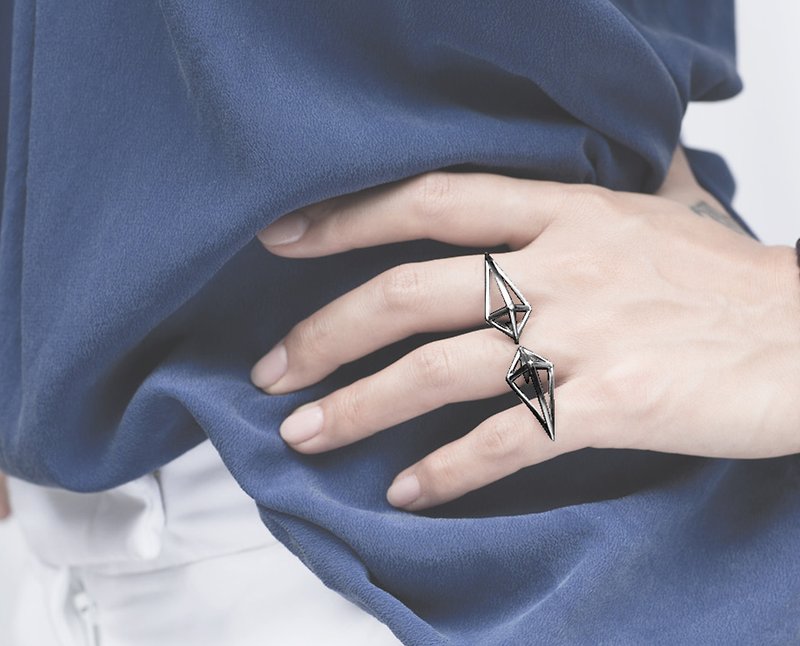 3D Triangle Statement Ring, Row Silver Diamond Double Finger Ring, Adjustable - แหวนทั่วไป - เพชร สีดำ