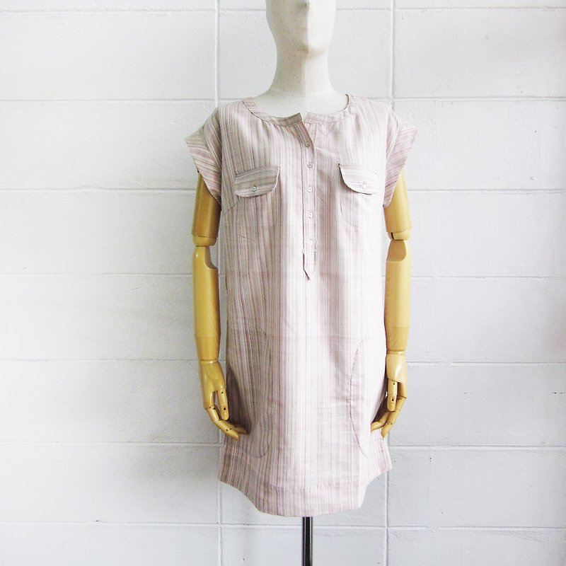 Short Sleeve Striped Dresses with Pockets Botanical Dyed Cotton Pink Color - One Piece Dresses - Cotton & Hemp Pink