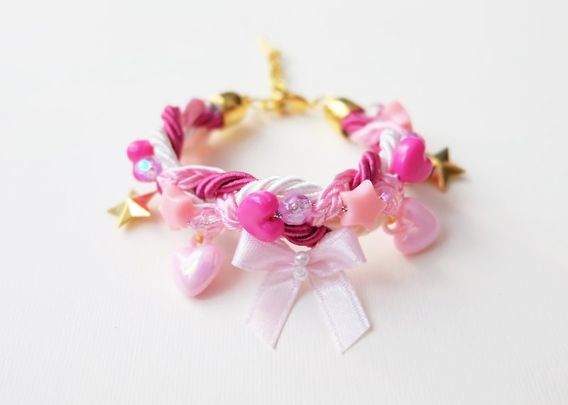 Cutie pink bow braided bracelet with charms - Bracelets - Other Materials Pink