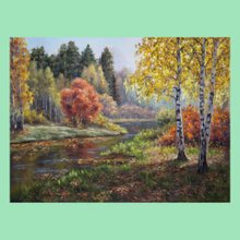 秋のオークの木の絵画オリジナルアート秋の森湖国立公園の風景