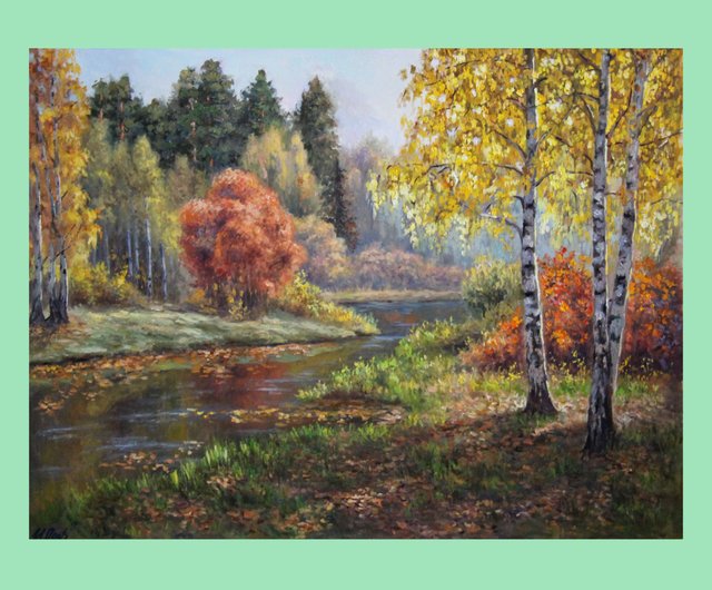秋の絵画オリジナルの油絵白樺の木の風景湖秋の森の壁アート