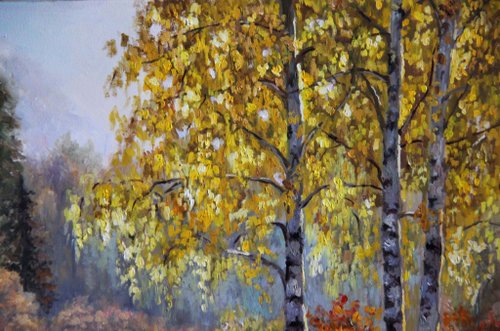 秋の絵画オリジナルの油絵白樺の木の風景湖秋の森の壁アート
