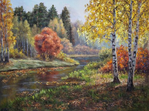 秋の絵画オリジナルの油絵白樺の木の風景湖秋の森の壁アート 