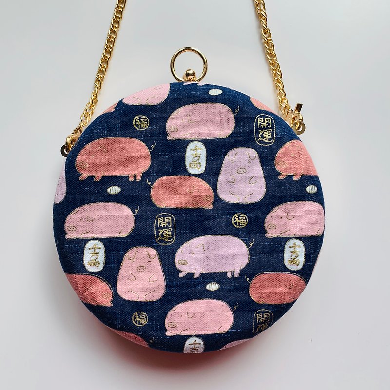 開運粉紅豬小圓包 - 可手拿 / 斜揹兩用 - 側背包/斜孭袋 - 棉．麻 藍色