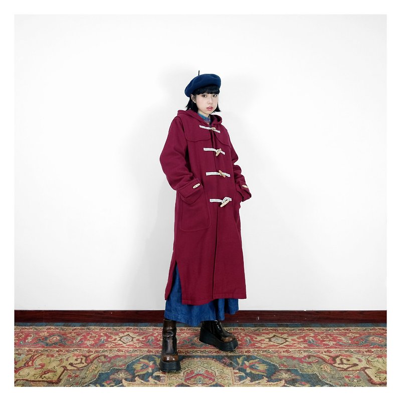 A PRANK DOLLY-Vintage dark red hooded wooden button long coat - Women's Blazers & Trench Coats - Wool Red