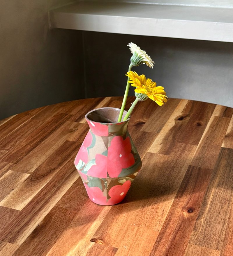 紅色日日春甕型花器 - 花瓶 - 瓷 