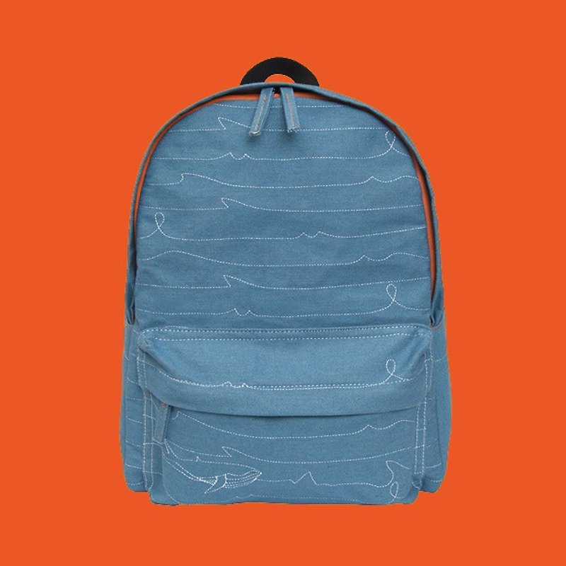 After YIZISTORE backpack bag embroidered denim shoulder bag - blue whale - กระเป๋าเป้สะพายหลัง - วัสดุอื่นๆ สีน้ำเงิน