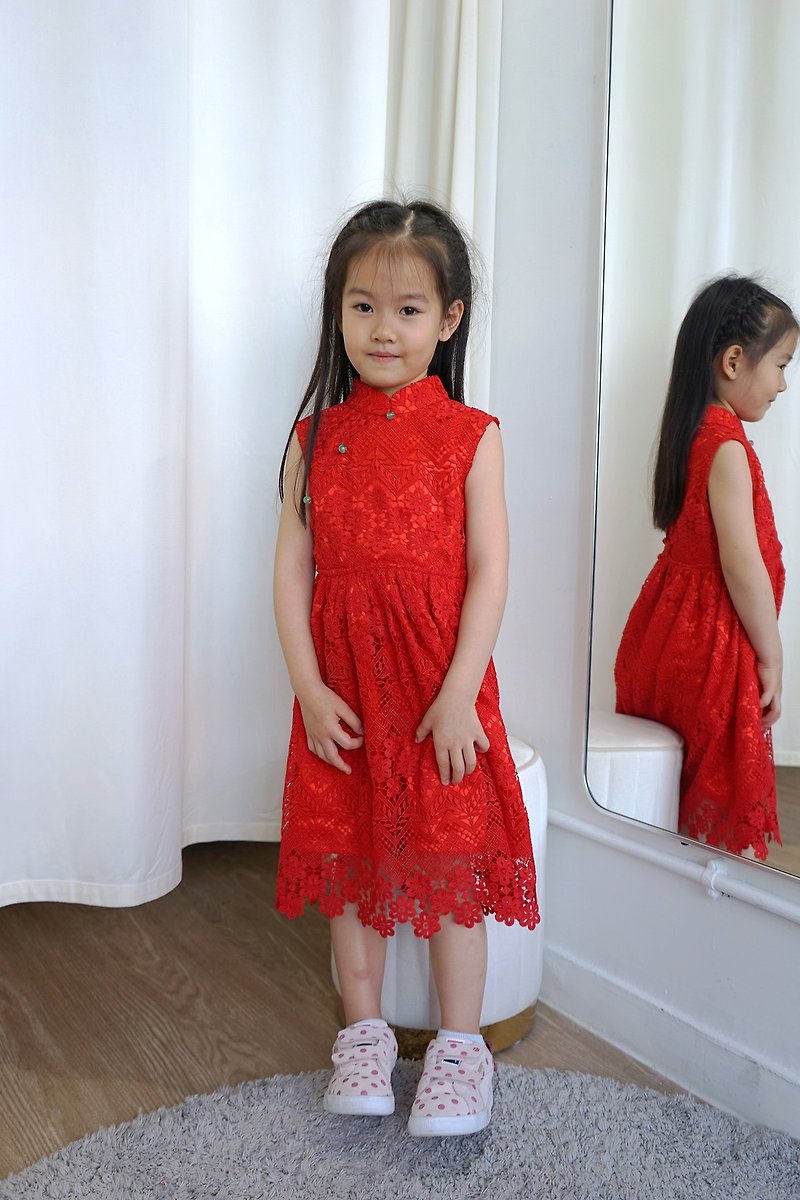 小女孩蕾絲露背旗袍裙 (紅色) - 男/女童禮服 - 棉．麻 紅色