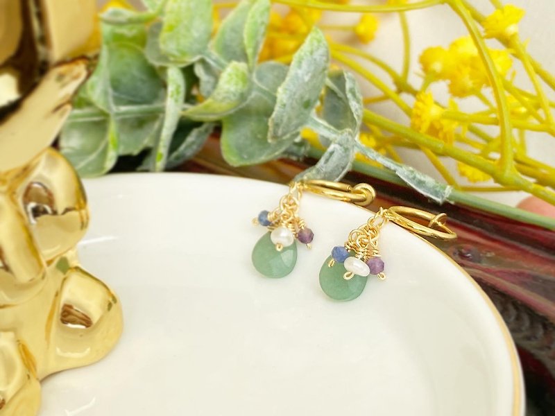 天然石耳環或耳夾 珍珠 水滴綠東陵 藍紋石 紫水晶 - 耳環/耳夾 - 半寶石 