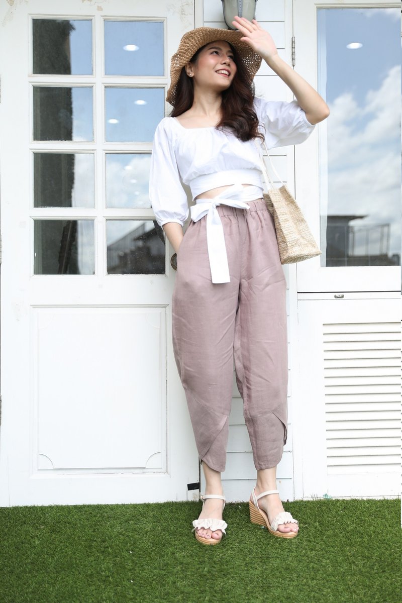 Natural Linen Pants with layering details at the leg  - Pinkish Brown - Women's Pants - Linen Pink