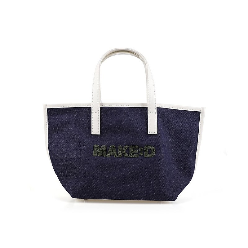 MAKE:D Logo Denim Mini Tote Bag Green - 手提包/手提袋 - 棉．麻 藍色