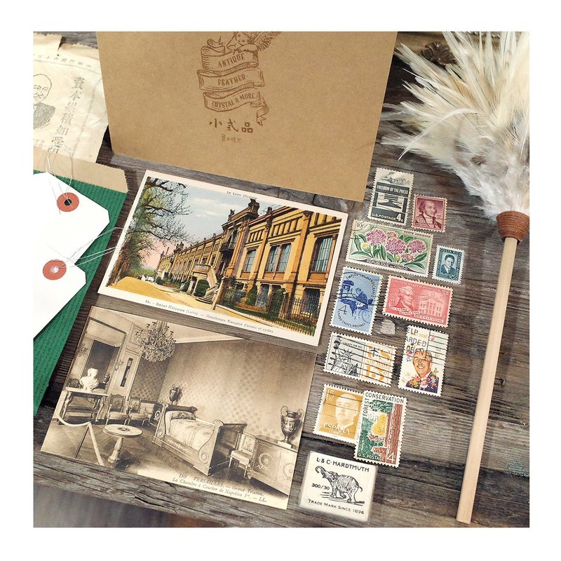 古董紙+老郵票+西班牙老明信片+標籤+大象橡皮擦+雞婆筆.手帳素材 - 卡片/明信片 - 其他材質 