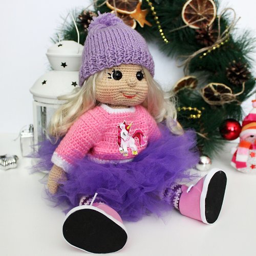 ZiminaDoll Handmade doll gift for girl Amigurumi lilac doll personalized gift for girl