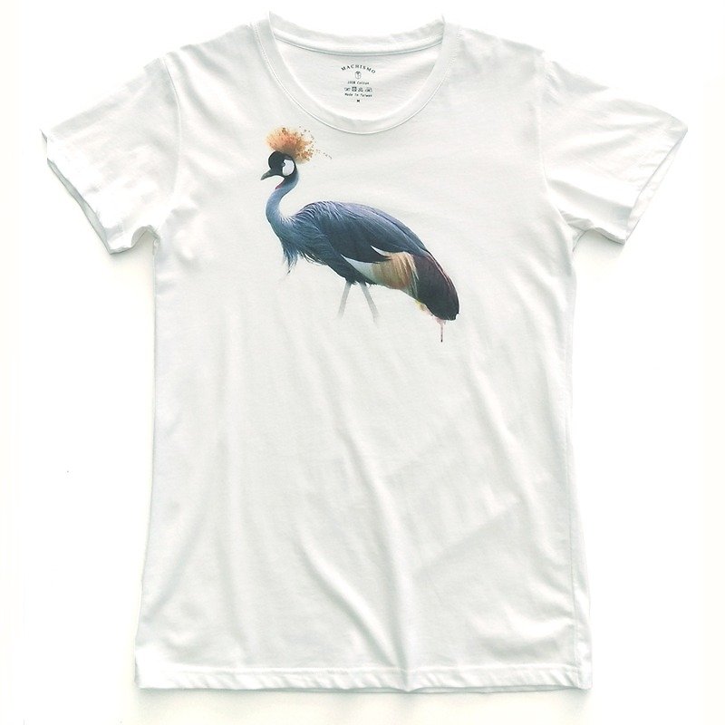Crown Crane-White T-shirt Valentine's Day Recommended Products - เสื้อยืดผู้ชาย - ผ้าฝ้าย/ผ้าลินิน ขาว