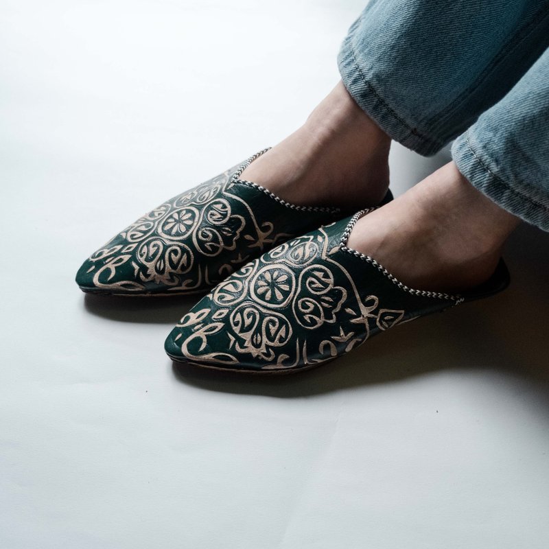 【Babouche 手工鞋】孔雀綠 - 尖 / 摩洛哥 - 拖鞋 - 真皮 綠色