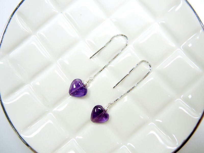 優雅時尚心型紫水晶925銀耳線耳環 - 耳環/耳夾 - 寶石 紫色