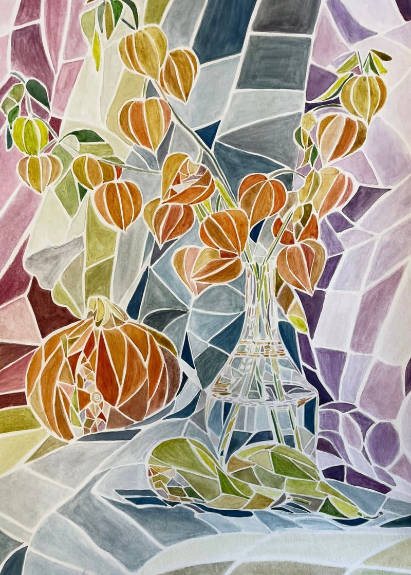 Still life mosaic style original watercolour painting modern painting wall art - 壁貼/牆壁裝飾 - 其他材質 多色